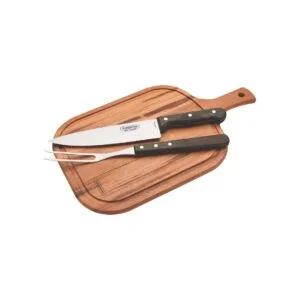 Tramontina wooden handle carving set. A wooden handle carving board with a knife and a fork.