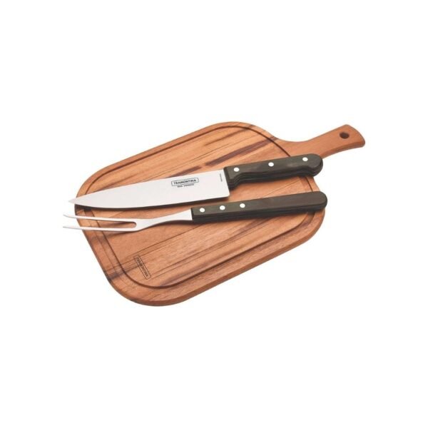 Tramontina wooden handle carving set. A wooden handle carving board with a knife and a fork.