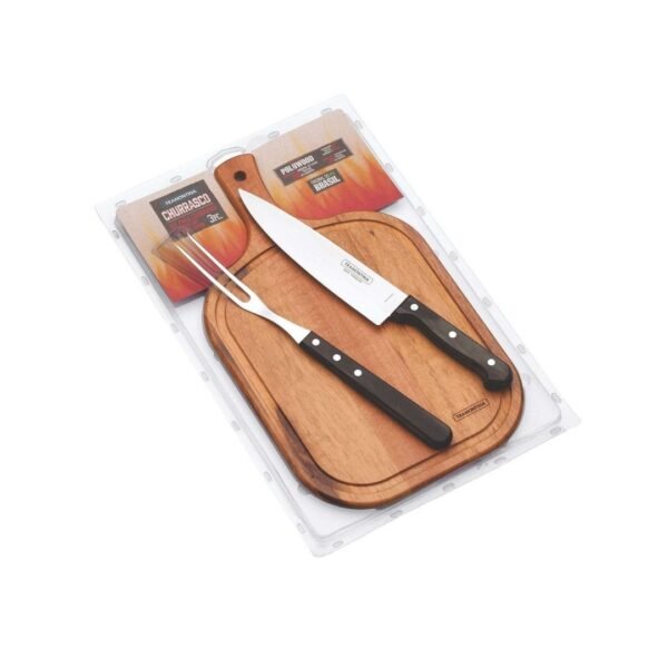 Tramontina wooden handle carving set. A wooden handle carving board with a knife and a fork.