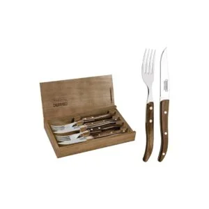 Tramontina cutlery set in wooden box. A wooden box with a set of knifes and forks.