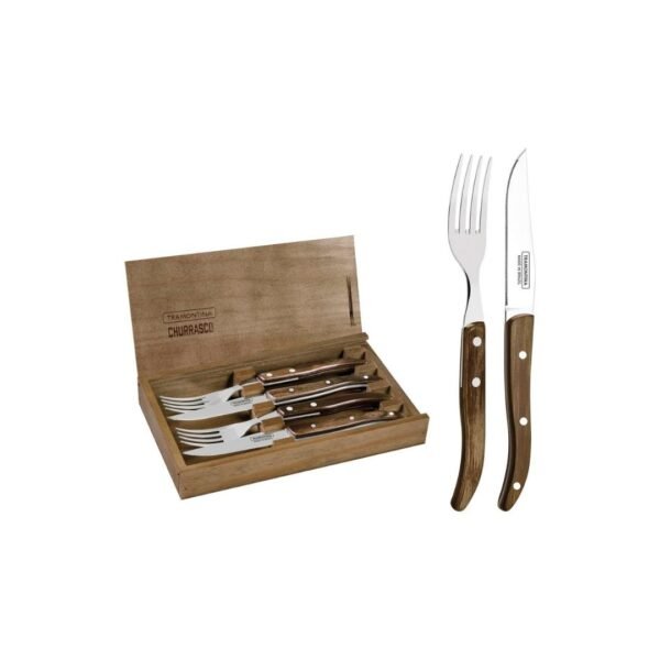 Tramontina cutlery set in wooden box. A wooden box with a set of knifes and forks.