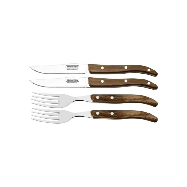 Tramontina cutlery set in wooden box. A wooden box with a set of knifes and forks.