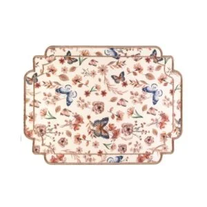 Delicate floral-and-butterfly print on soft beige tones with refined double-edge embroidery placemat.