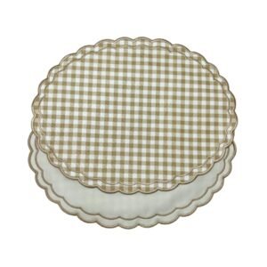 A dual-sided placemat in a soft beige check pattern
